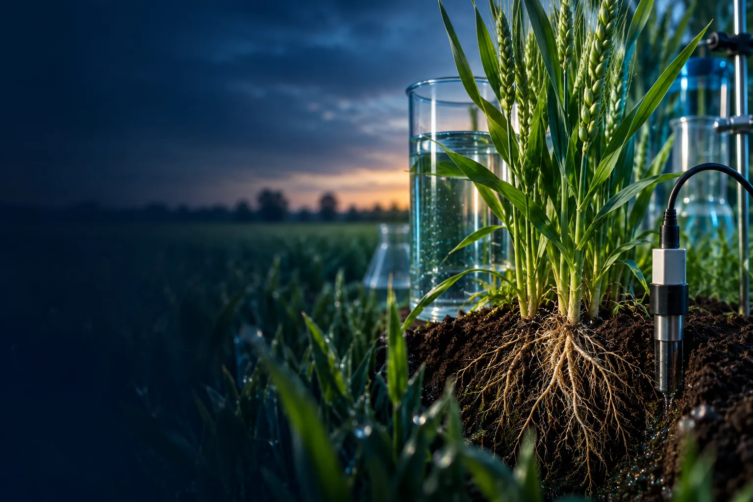 Trigo, raíces e instrumentación para nutrición líquida